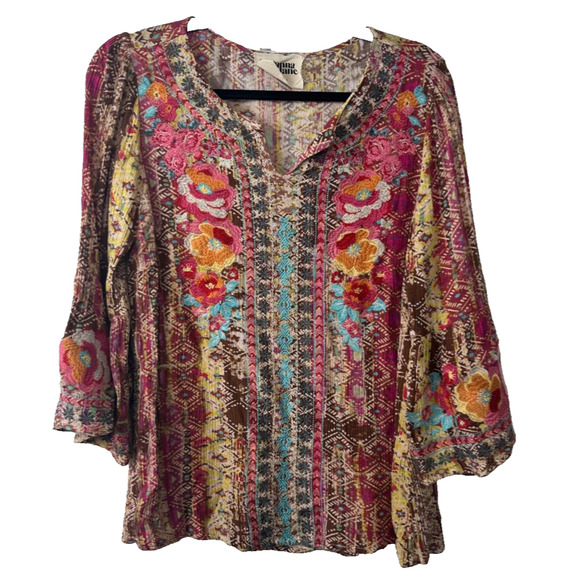 Savannah Jane Tops - Savanna Jane S Aztec Floral Embroidered Top Bell Sleeve Shirt Tunic Boho D45